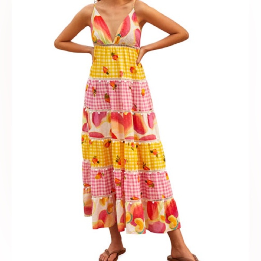 Farm Rio Mixed Picnic Cashew Maxi Dress Sz M